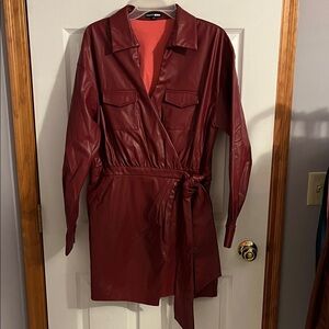 Fashion Nova Burgundy/Red Faux Leather Wrap Dress